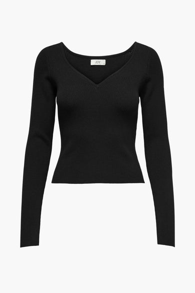 Pull côtelé noir à col en V de JDY, coupe ajustée, manches longues, vue de face
