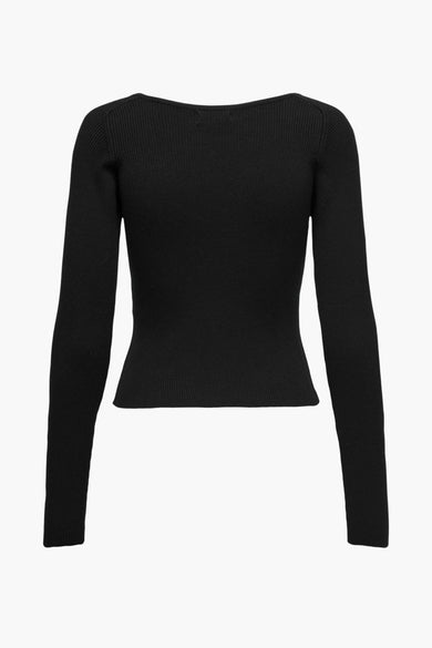 Pull col en V noir de JDY, coupe ajustée avec structure côtelée, manches longues, vue de dos