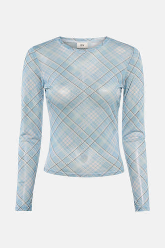 Blauw T-shirt met lange mouwen van JDY, met een geruit patroon in blauw, wit en zwart.