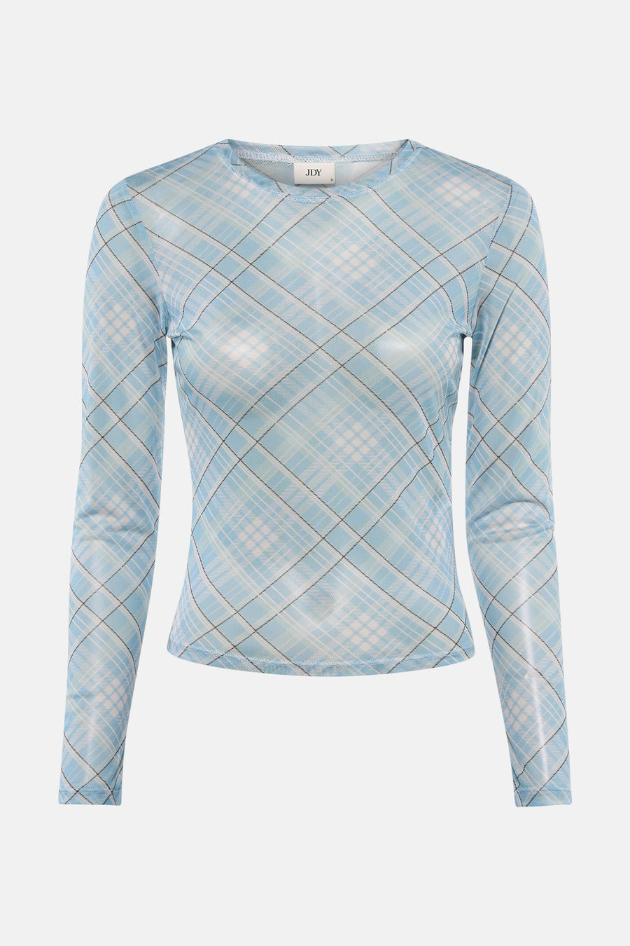 Blauw T-shirt met lange mouwen van JDY, met een geruit patroon in blauw, wit en zwart.
