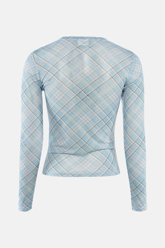 Blauw T-shirt met lange mouwen van JDY, met ruitjesmotief in blauw, wit en zwarte lijnen.