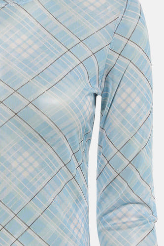 Blauw T-shirt met lange mouwen van JDY, met geruit patroon en doorschijnende stof.
