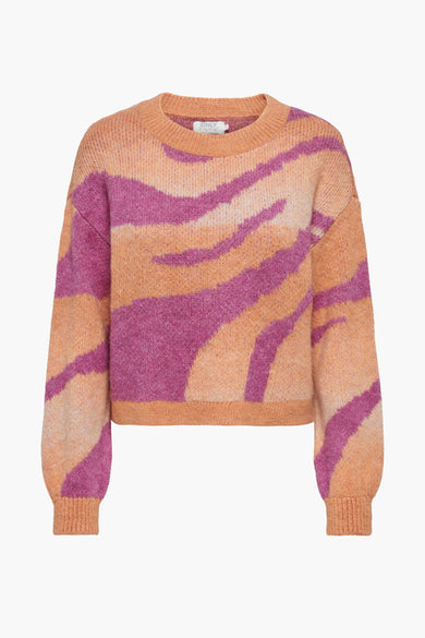 Paarse gebreide trui met oranje en roze zigzagpatroon van ONLY, ronde hals, cropped fit
