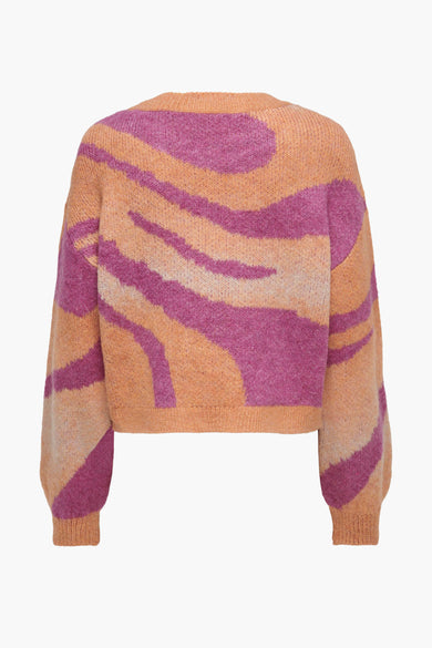 Paarse gebreide trui met oranje en roze abstracte patronen van ONLY®, achterkant weergegeven, zachte textuur