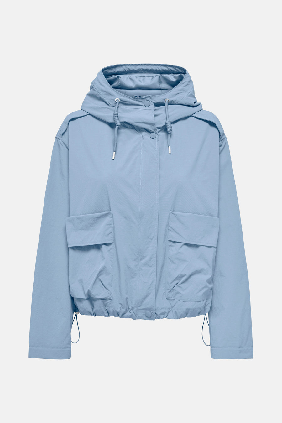 Hemelsblauwe damesjas met capuchon en zakken.