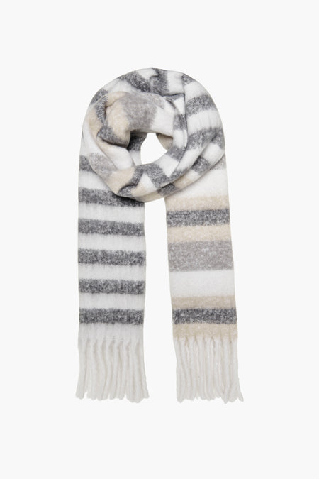 Gestreeepte sjaal van ONLY met franjes in de kleuren wit, grijs en beige.
