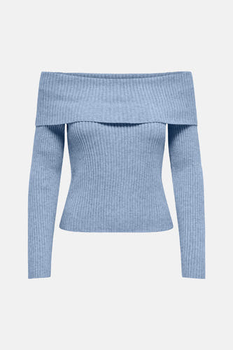 Pull bleu épaules dénudées de ONLY, avec une texture côtelée et des manches longues.