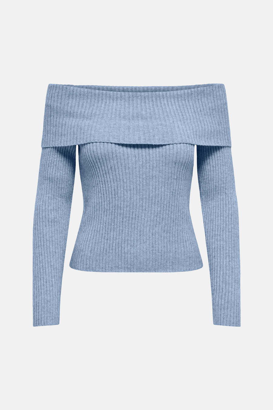 Blauwe offshoulder trui van ONLY, met een fijngebreide ribtextuur en lange mouwen.