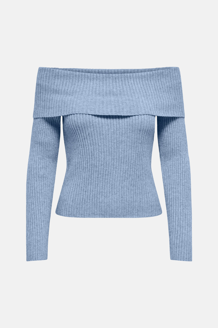 Pull bleu épaules dénudées de ONLY, avec une texture côtelée et des manches longues.
