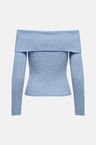 Blauwe offshoulder trui van ONLY, met een ribgebreide textuur en lange mouwen.