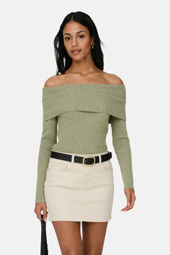 Pull vert émeraude à épaules dénudées de ONLY, à manches longues et coupe ajustée.