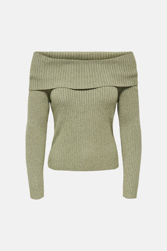 Pull vert émeraude à épaules dénudées de ONLY, avec une texture côtelée et des manches longues.