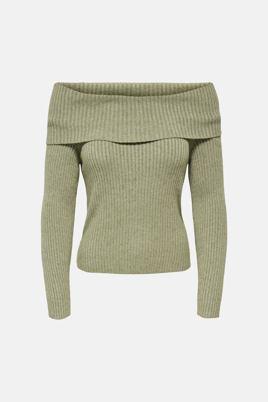Pull vert émeraude à épaules dénudées de ONLY, avec une texture côtelée et des manches longues.