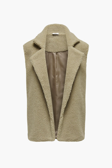 Beige teddy bodywarmer van JDY, met opstaande kraag en glanzende binnenkant, front view