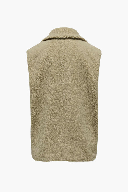 Beige bodywarmer van zachte bontstof, van JDY, achterzijde met ronde kraag en textuurrijke oppervlak, studio-opname