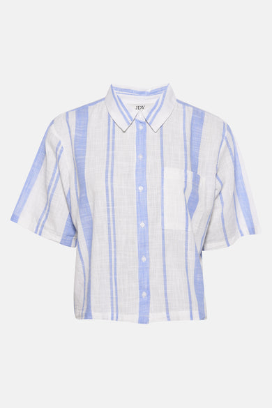 Blouse blanche à manches courtes de JDY avec des rayures bleues et un col classique, vue de l'arrière.