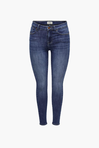 Donkerblauwe skinny jeans van ONLY met knoopsluiting en zakken, frontaal gepresenteerd.