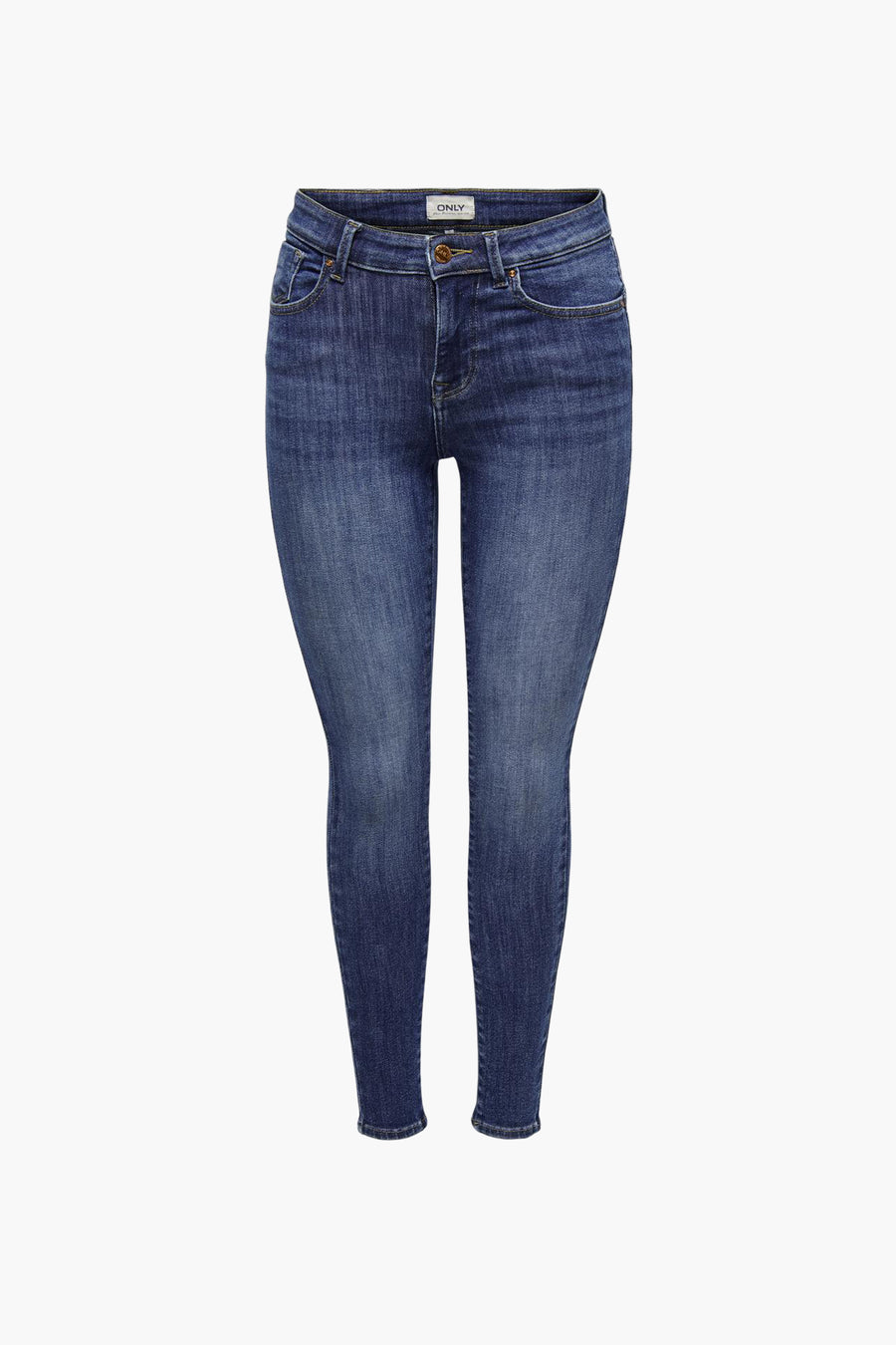 Donkerblauwe skinny jeans van ONLY met knoopsluiting en zakken, frontaal gepresenteerd.