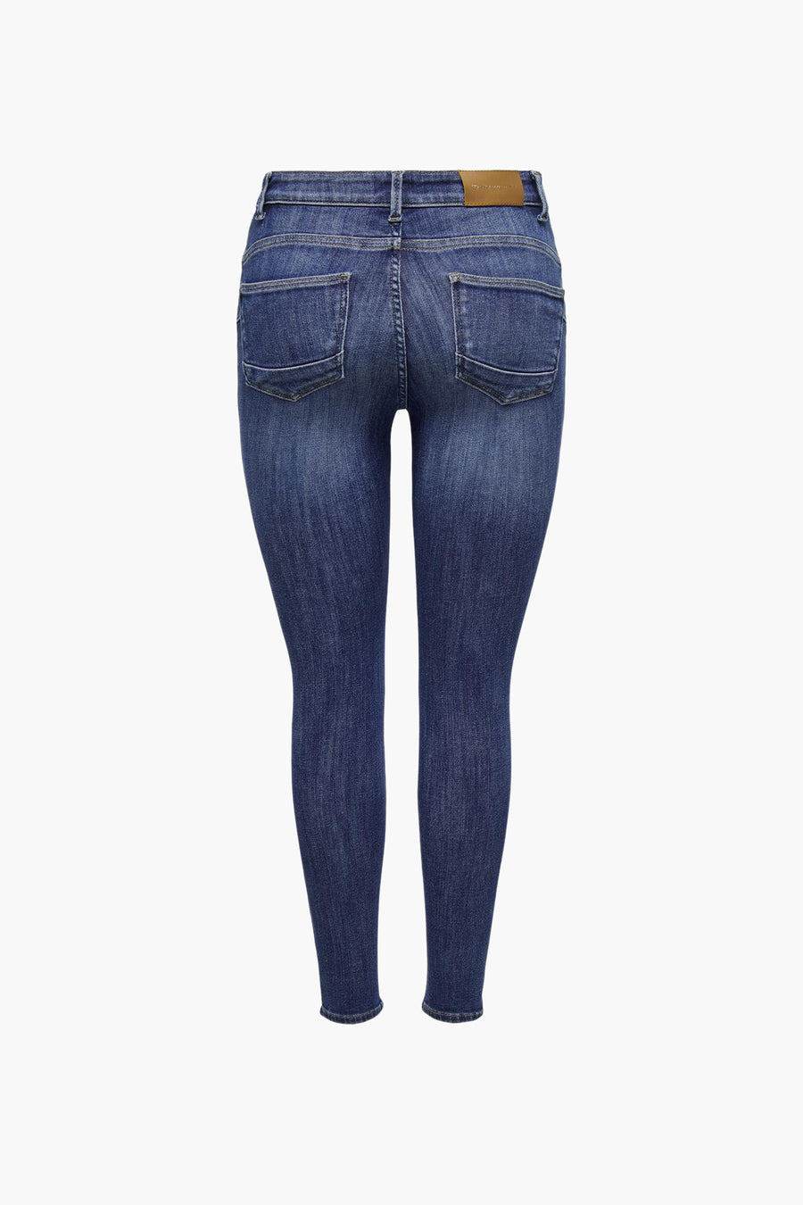 Donkerblauwe skinny jeans van ONLY®, achterzijde, met twee achterzakken en bruin leren label.