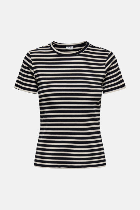 Zwart gestreept T-shirt met korte mouwen van JDY, met een fijn ribpatroon.
