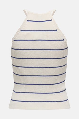 T-shirt sans manches blanc ONLY, avec des rayures horizontales bleues et un col en V.