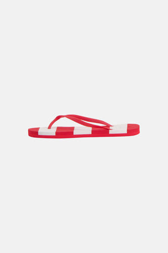 Rood-wit gestreepte slippers van ONLY® met rode bandjes, van opzij gezien.