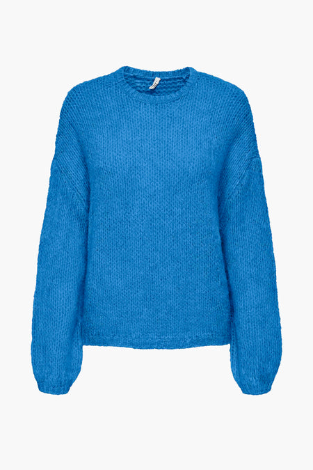 T-shirt bleu avec col rond de ONLY, avec des manches longues et une texture tricotée épaisse.