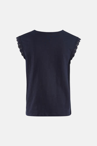 Blauw T-shirt van JDY met korte mouwen met kanten details en een ronde hals aan de achterkant.