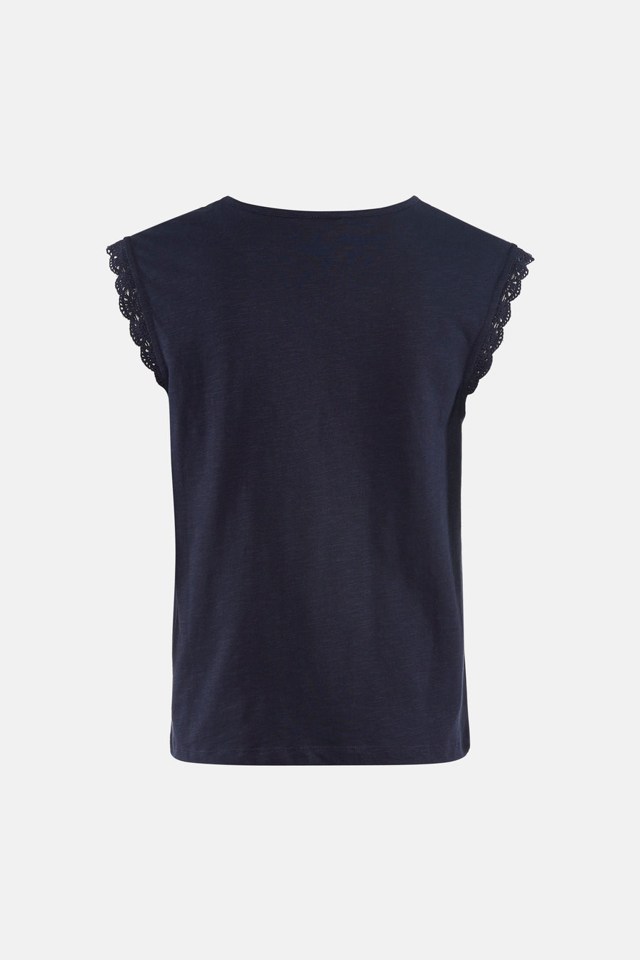 Blauw T-shirt van JDY met korte mouwen met kanten details en een ronde hals aan de achterkant.