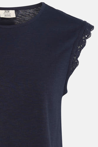 Blauw T-shirt met korte mouwen van JDY, met ronde hals, gemêleerde stof en gehaakte mouwranden.