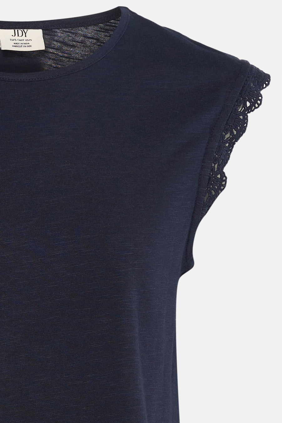 Blauw T-shirt met korte mouwen van JDY, met ronde hals, gemêleerde stof en gehaakte mouwranden.