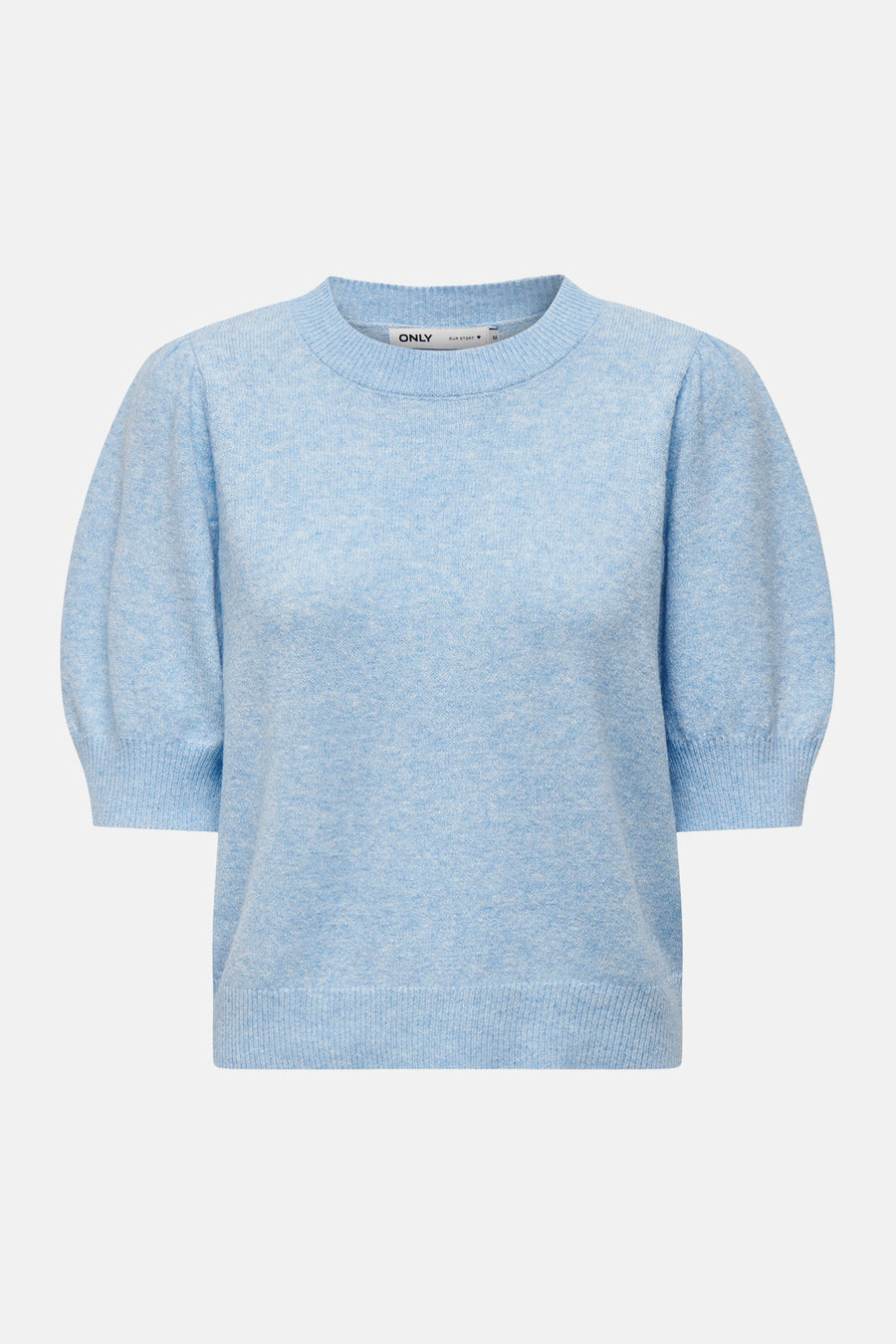Pull bleu clair à col rond de ONLY, avec manches bouffantes et une texture finement tricotée.