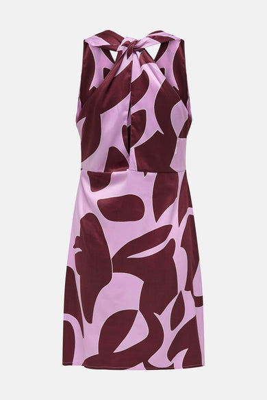 Paarse mouwloze kleedje van ONLY, met een abstract bordeauxrood patroon en een geknoopte halternek.
