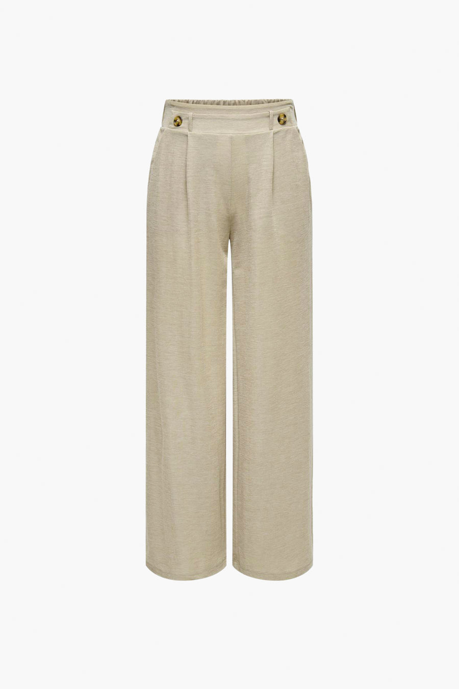 Pantalon beige JDY avec taille haute à boutons et une main dans la poche.