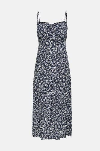 Blauw kleedje zonder mouwen van ONLY, met een fijn wit bloemenpatroon.