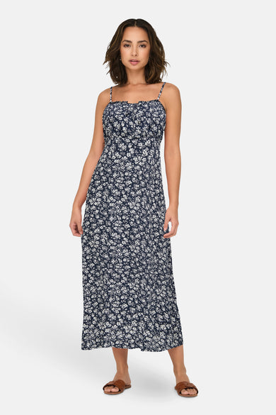 Mouwenloos kleedje in blauw van ONLY®, met een bloemenpatroon.
