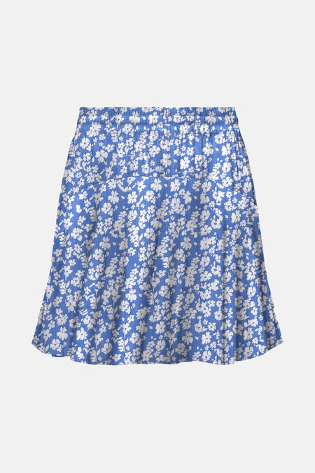 Blauwe korte rok van ONLY® met een witte bloemenprint en elastische tailleband.