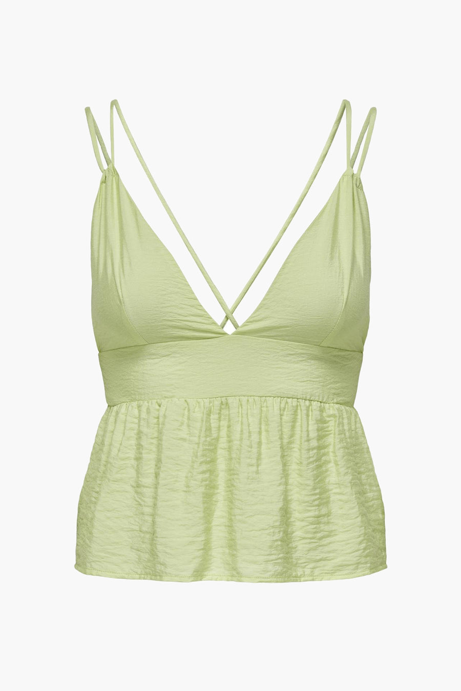Groene blouse zonder mouwen van ONLY, met een fijne kreuktextuur en gekruiste bandjes.
