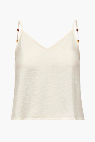 Mouwloze ecru blouse van ONLY, met spaghettibandjes versierd met kralen.
