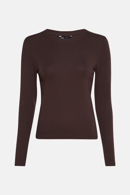Bruin T-shirt met lange mouwen van ONLY, effen kleur.
