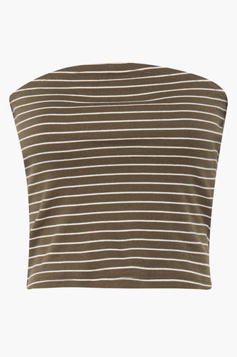 Groene top van ONLY met witte horizontale strepen en een ribgebreide textuur.
