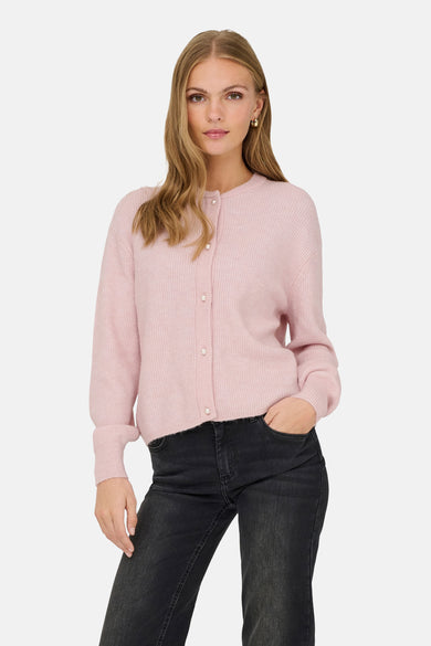 Roze cardigan van JDY, met lange mouwen, knoopsluiting en ribgebreide textuur.