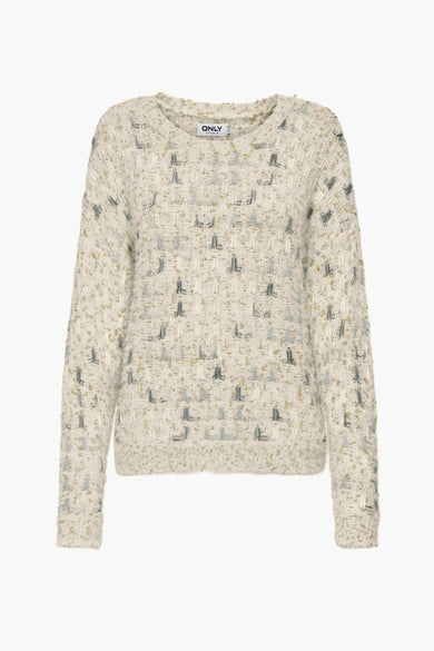 T-shirt écru avec col rond de ONLY, avec une texture tissée et des accents subtils dorés et bleus.