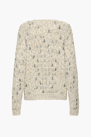 Ecru trui met ronde hals van ONLY, met een geweven textuur en subtiele gouden en blauwe accenten.