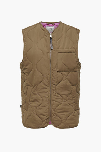 Bruine bodywarmer van JDY met gewatteerd patroon, ritssluiting en borstzak.