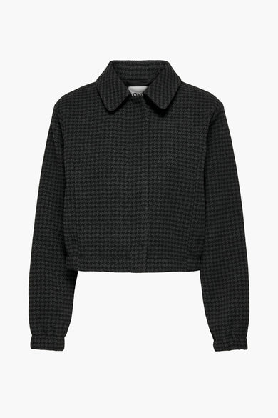 Zwarte korte jas van ONLY, met een houndstooth patroon en een klassieke kraag.