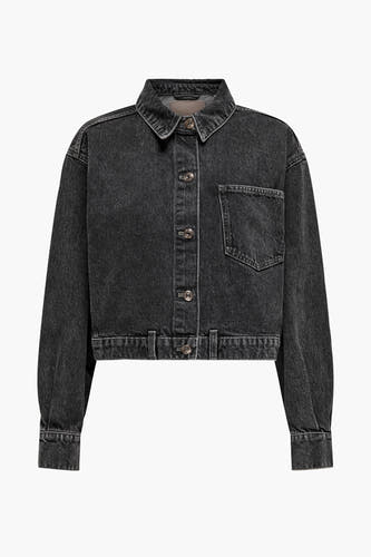 Donkergrijze denim jeansjas van ONLY, met lange mouwen en knoopsluiting.
