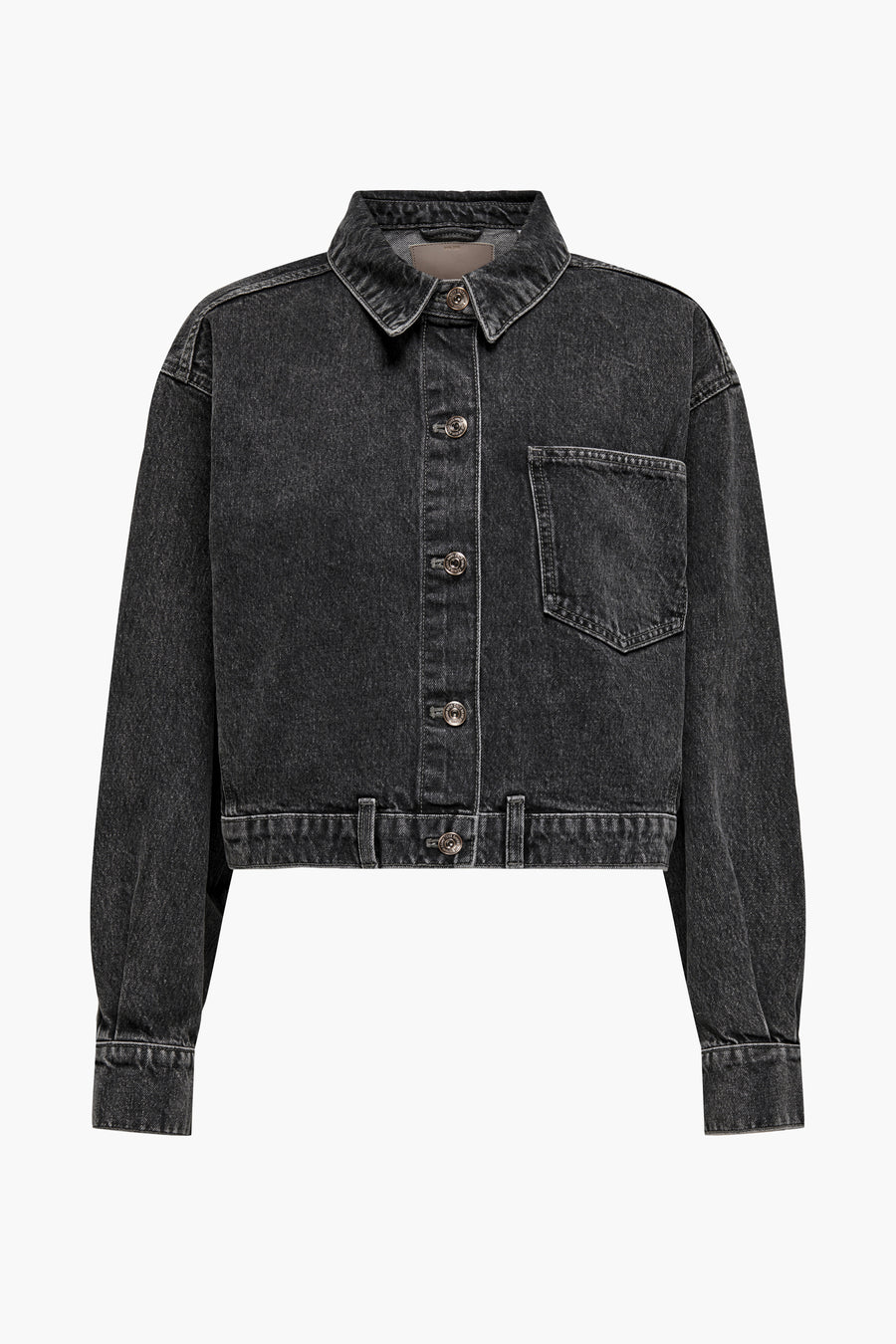 Donkergrijze denim jeansjas van ONLY, met lange mouwen en knoopsluiting.

