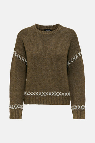 Khaki trui met ronde hals van ONLY, met witte geborduurde details op de mouwen en de zoom.
