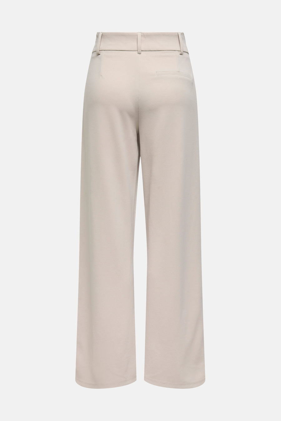 Crèmekleurige, wijde damesbroek van achteren gezien.